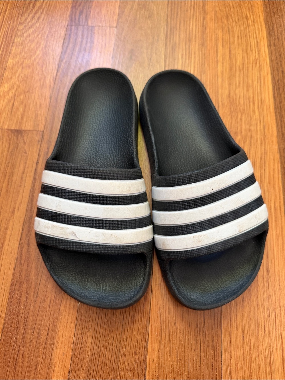 adidas Kids Black Slides with White Stripes - Youth Shower Sandals